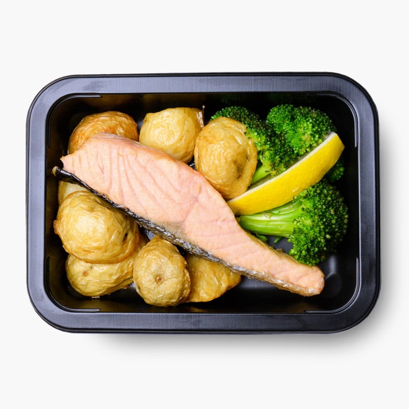 Salmon Steak, Roast Chat Potatoes and Broccoli