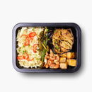 Teriyaki Eggplant with Tofu, Cashews, Bok Choy, Chilli & Cauliflower Rice