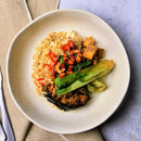 Teriyaki Eggplant with Tofu, Cashews, Bok Choy, Chilli & Cauliflower Rice